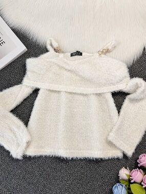 CBR Cream Fuzzy Off-Shoulder Sweater with Chain-Strap Detail
